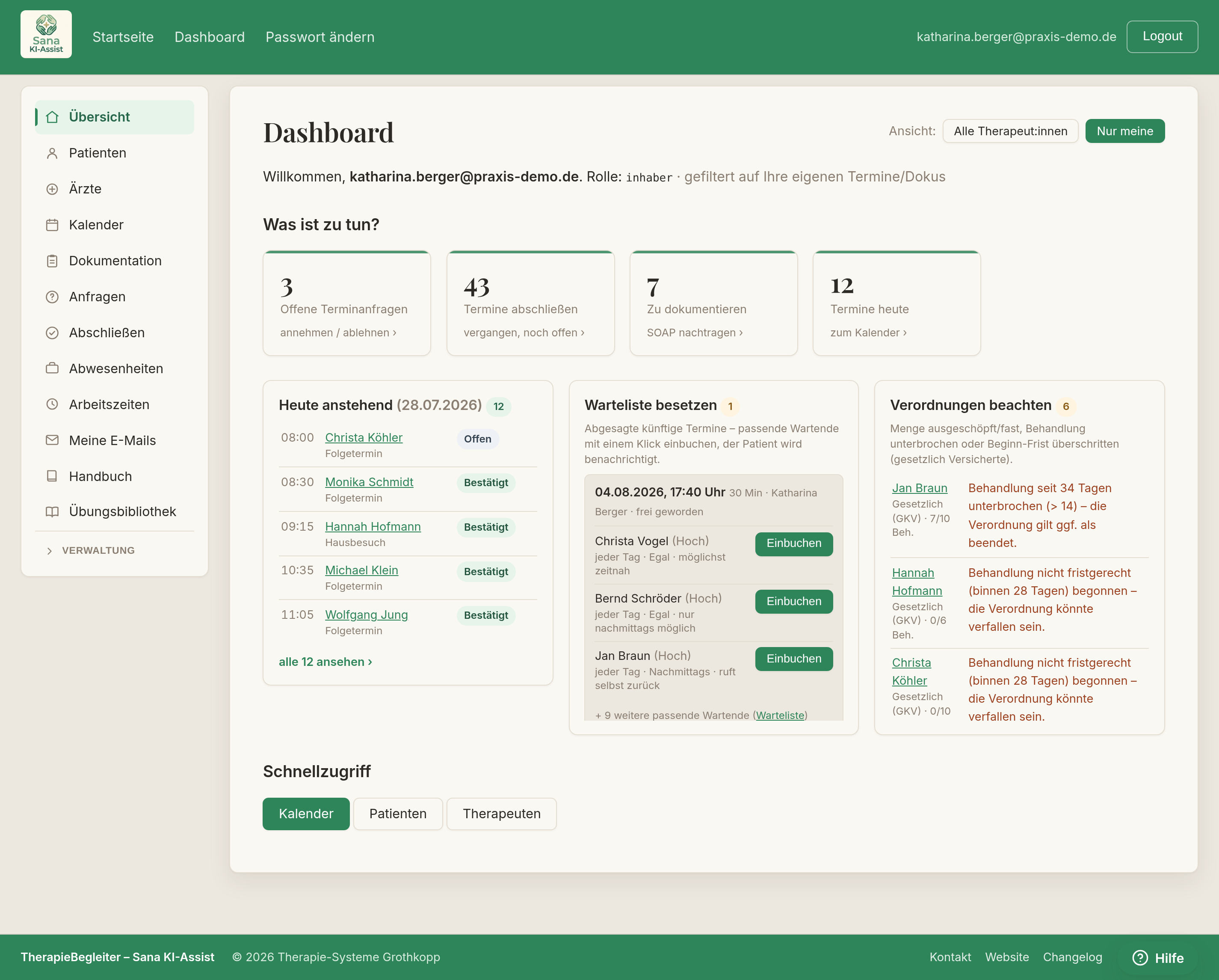 Dashboard mit Aufgaben-Karten und den heute anstehenden Terminen